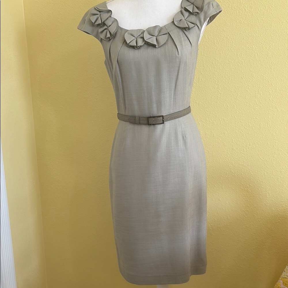 Gray Sheath Midi Dress with Scoop Neck and Flutter Cap Sleeves